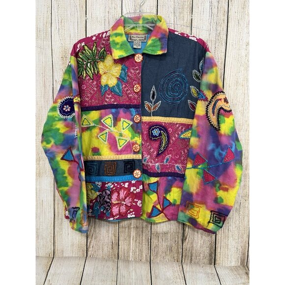 Vintage Women Patchwork Embroidered Jacket Sz M Boho Hippie Art to Wear Tie Dye - Picture 2 of 8